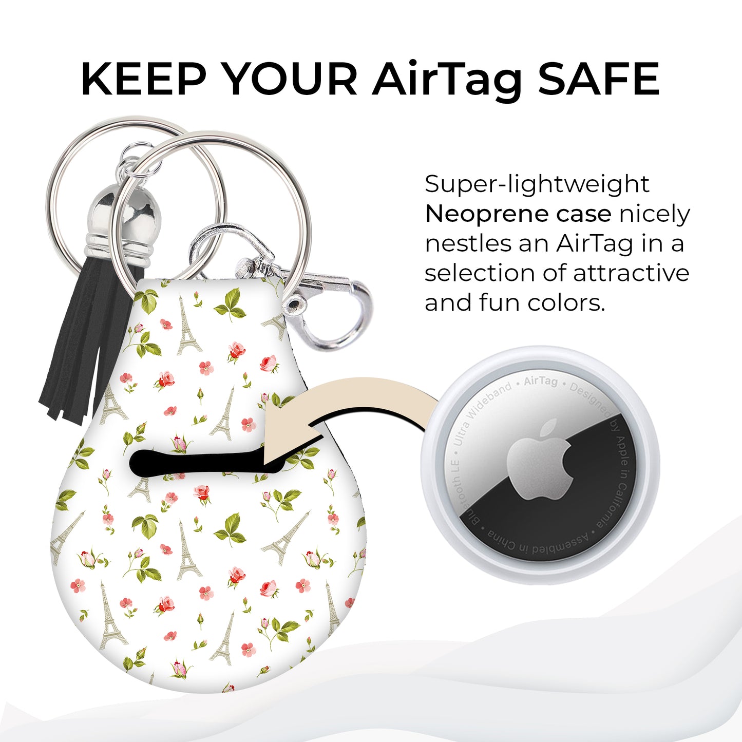 Jolitee Neoprene AirTag Compatible Case Keychain – Durable & Stylish Holder with Secure Ring and Clip, Compatible with Apple AirTag (Paris Eiffel Tower & Floral)