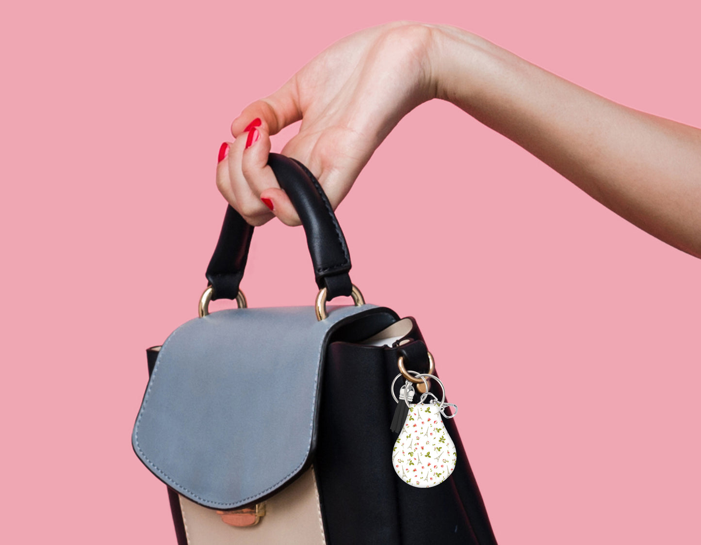 Jolitee Neoprene AirTag Compatible Case Keychain – Durable & Stylish Holder with Secure Ring and Clip, Compatible with Apple AirTag (Paris Eiffel Tower & Floral)