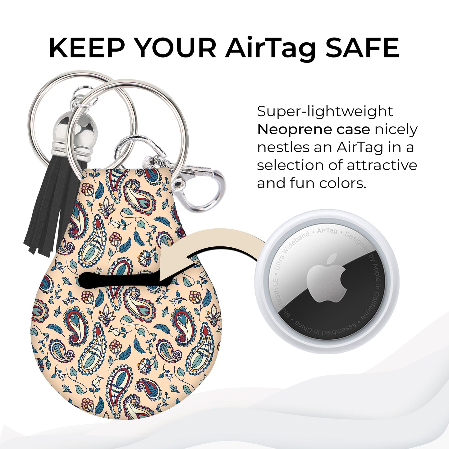 Jolitee Neoprene AirTag Compatible Case Keychain – Durable & Stylish Holder with Secure Ring and Clip, Compatible with Apple AirTag (Boho Paisley)