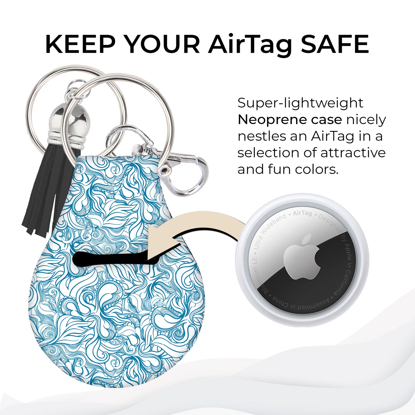 Jolitee Neoprene AirTag Compatible Case Keychain – Durable & Stylish Holder with Secure Ring and Clip, Compatible with Apple AirTag (Abstract Blue Leaves)