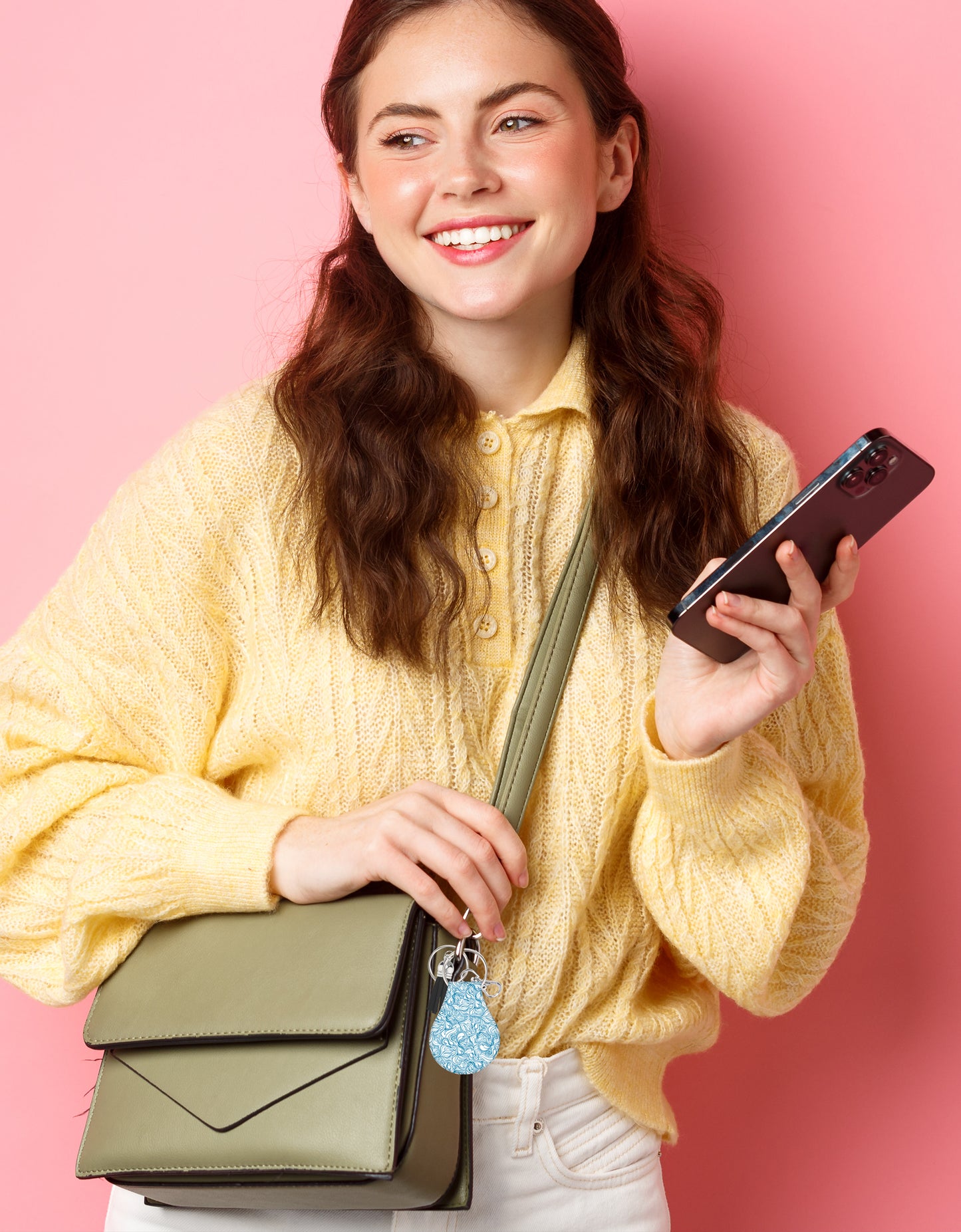 Jolitee Neoprene AirTag Compatible Case Keychain – Durable & Stylish Holder with Secure Ring and Clip, Compatible with Apple AirTag (Abstract Blue Leaves)