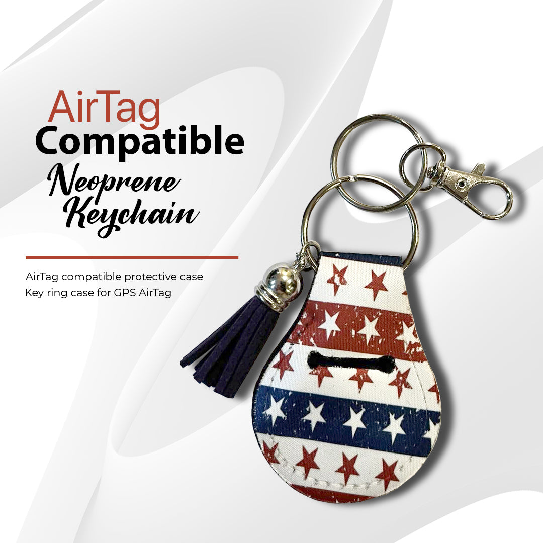 Neoprene AirTag Compatible Case Keychain – Durable & Stylish Holder with Secure Ring and Clip, Compatible with Apple AirTag (Americana Patriotic)