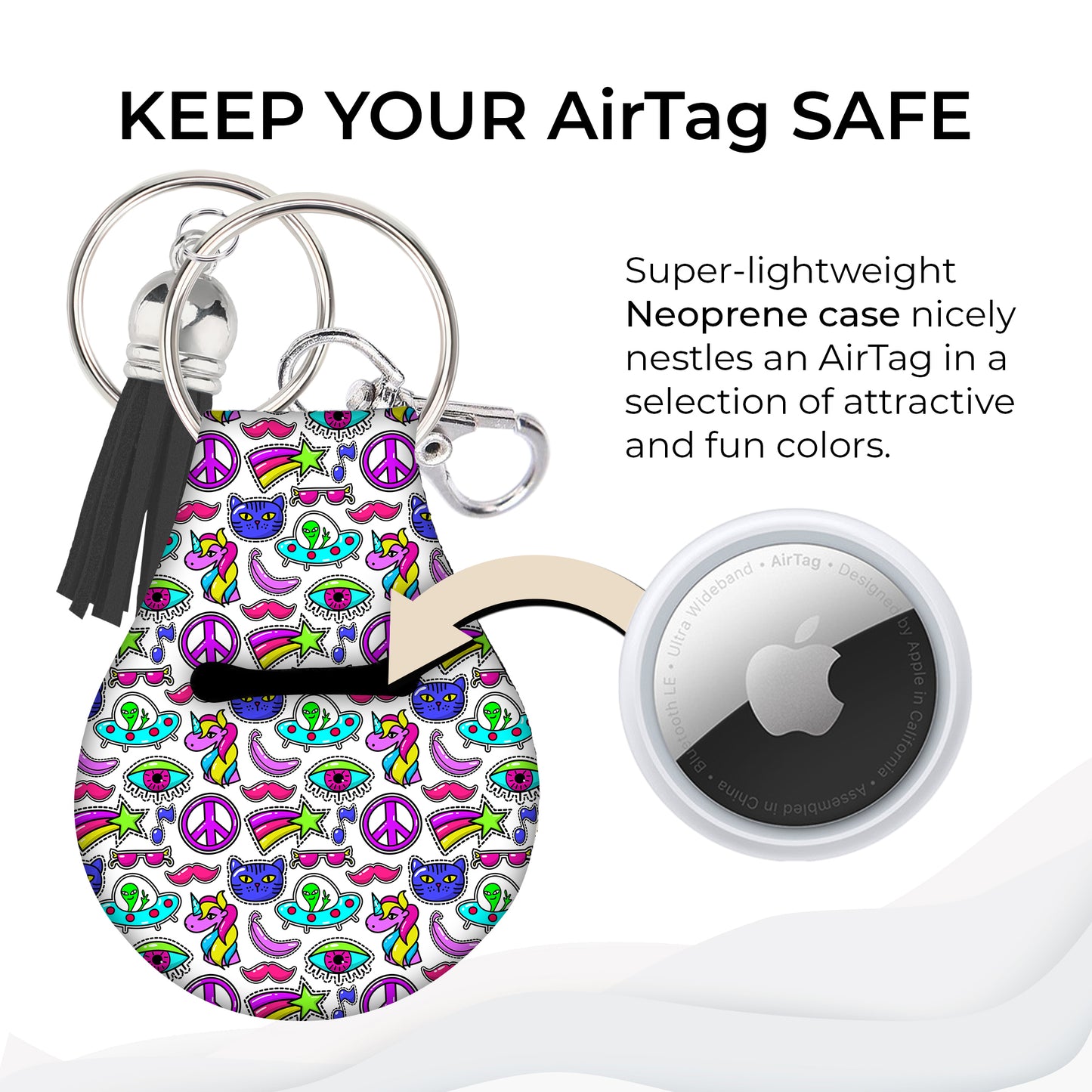 Jolitee Neoprene AirTag Compatible Case Keychain – Durable & Stylish Holder with Secure Ring and Clip, Compatible with Apple AirTag (Aliens)