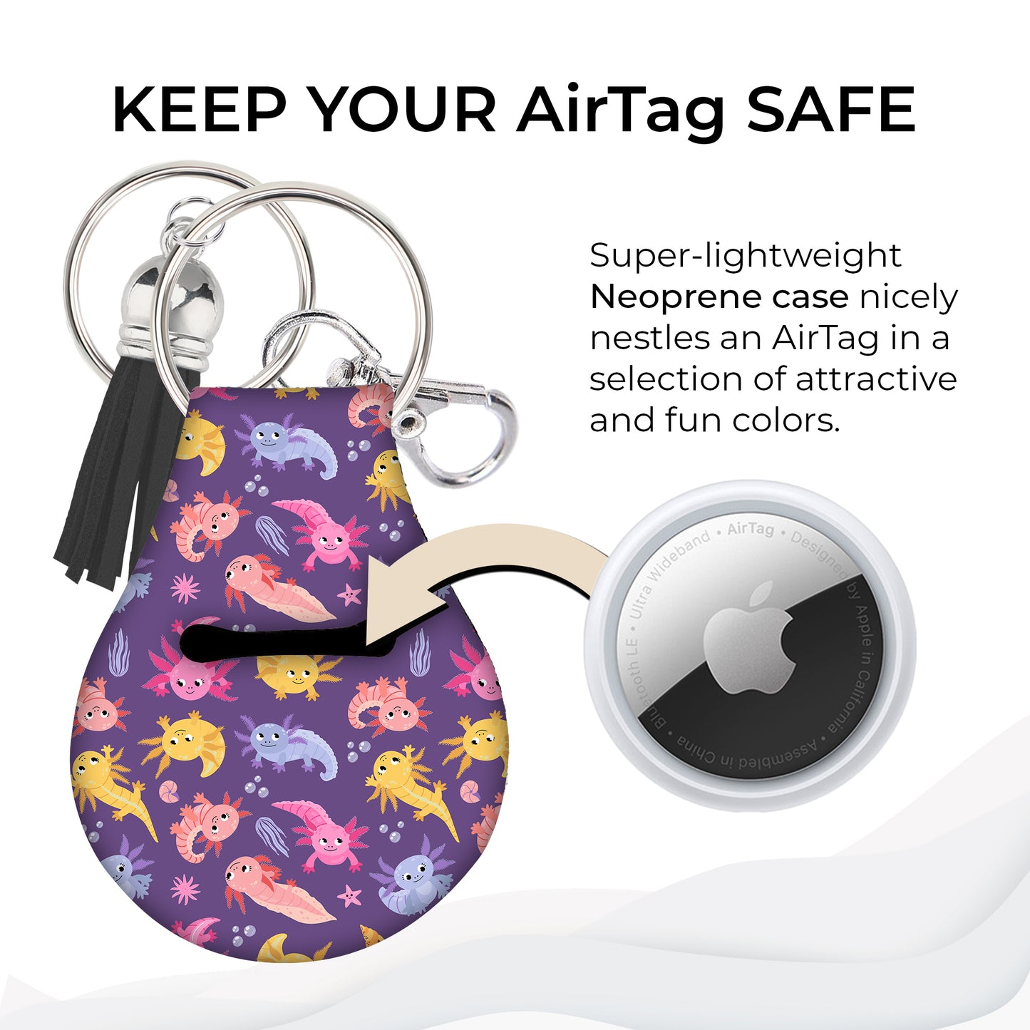 Jolitee Neoprene AirTag Compatible Case Keychain – Durable & Stylish Holder with Secure Ring and Clip, Compatible with Apple AirTag (Axolotls)