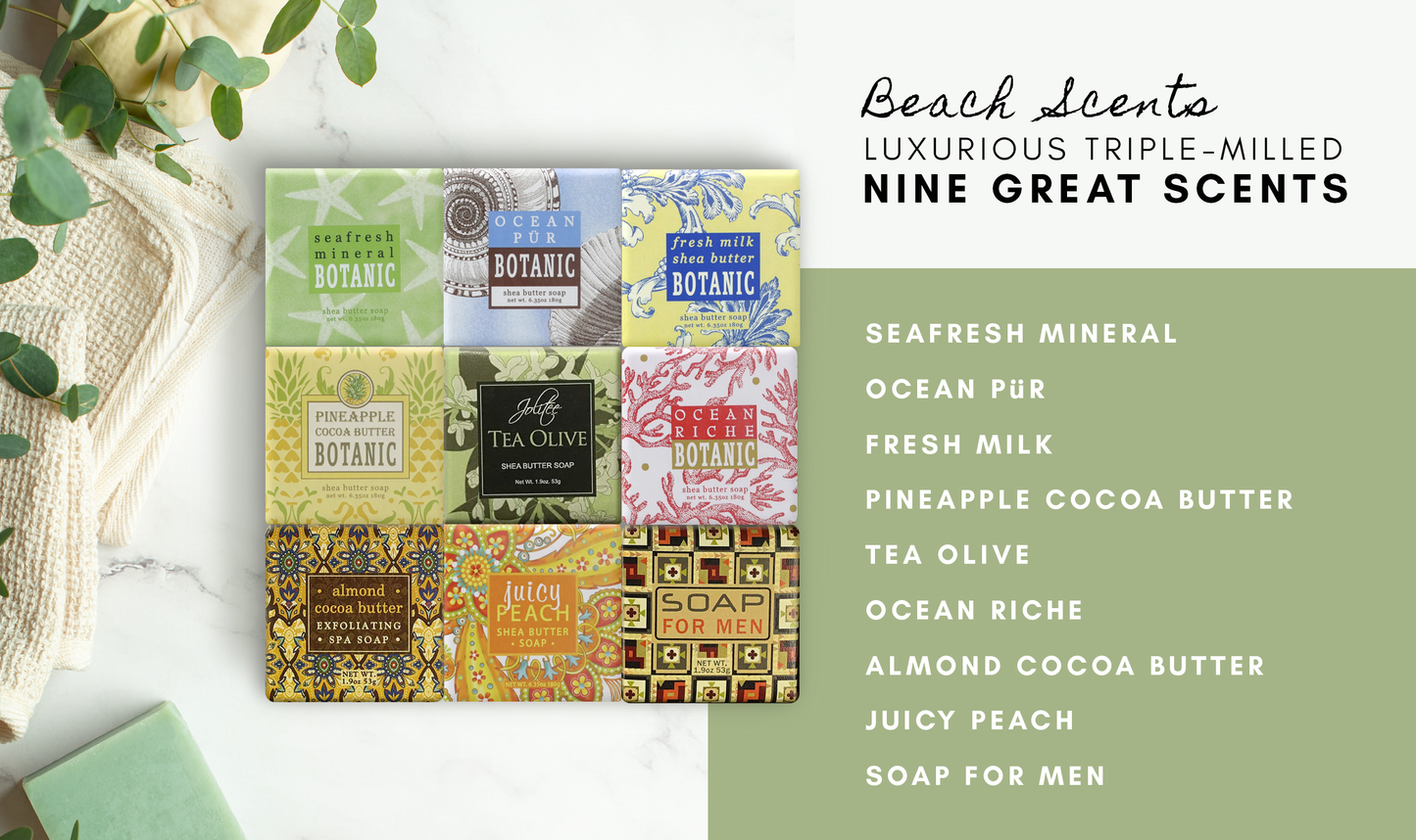 French Milled Botanical Soap Sampler Set in Nine Fabulous Scents (Tropical Beachy)