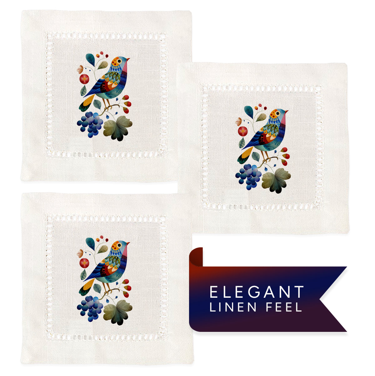 Bird Collage Hemstitch Napkins