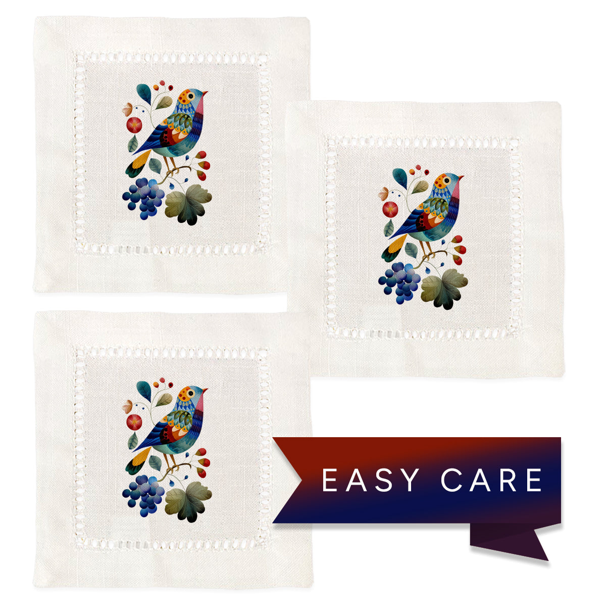Bird Collage Hemstitch Napkins
