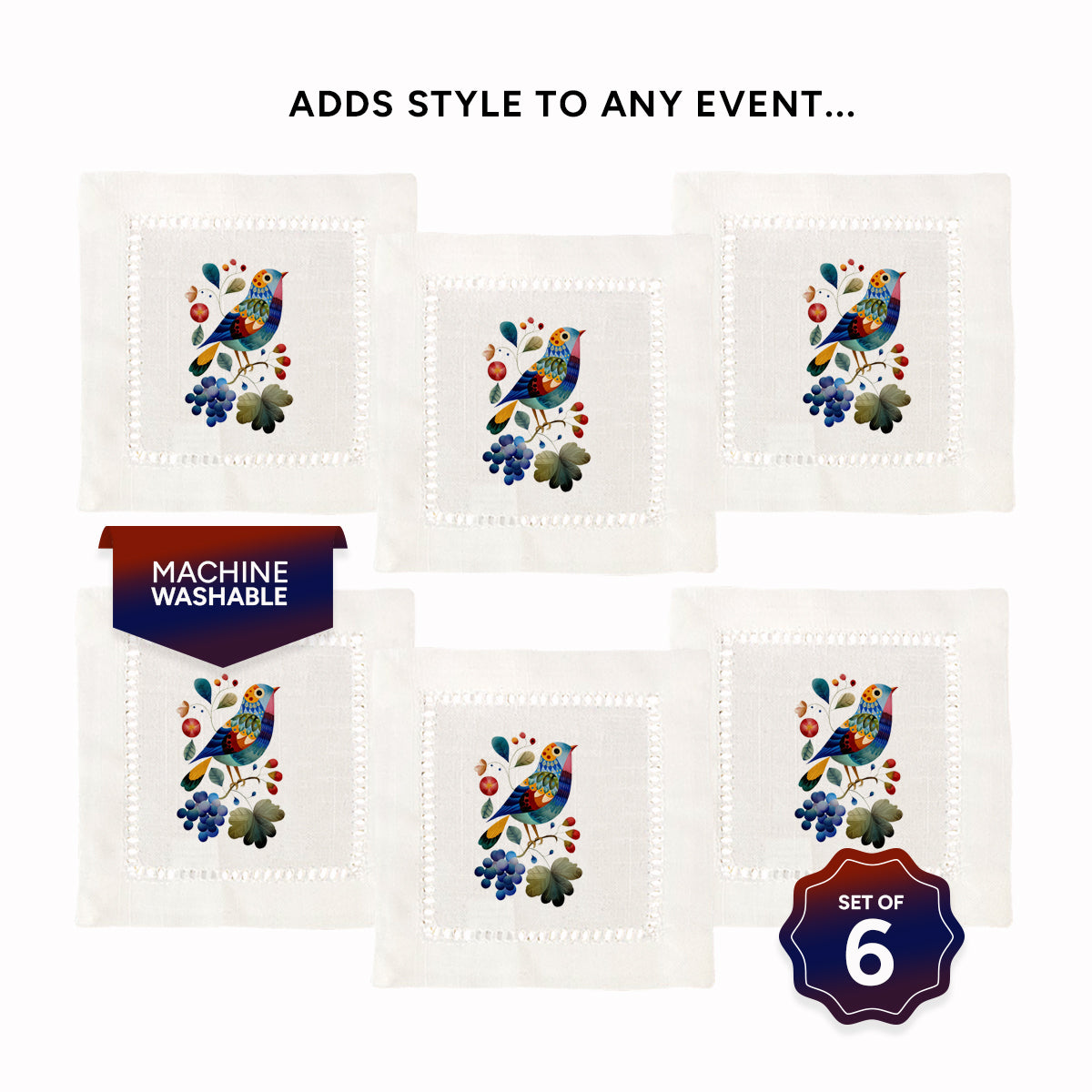 Bird Collage Hemstitch Napkins