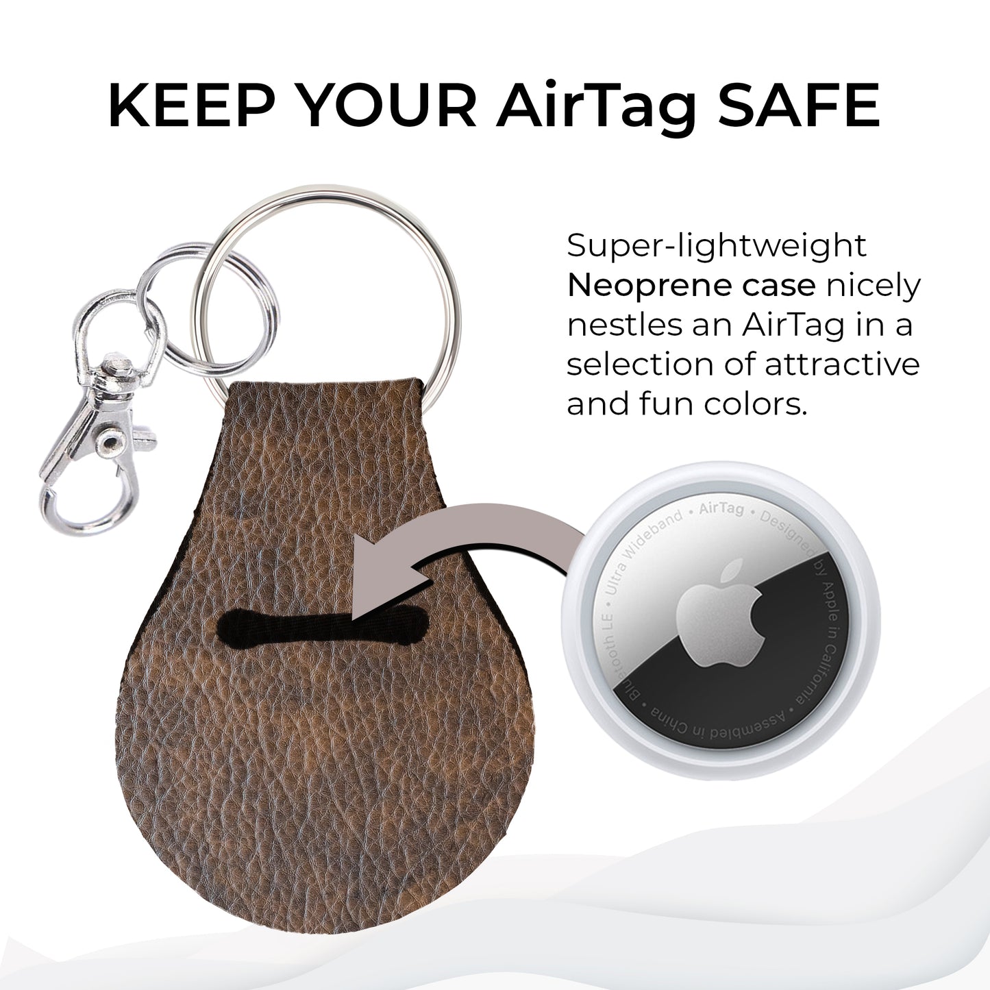 Jolitee Neoprene AirTag Compatible Case Keychain – Durable & Stylish Holder with Secure Ring and Clip, Compatible with Apple AirTag (Brown Leather)