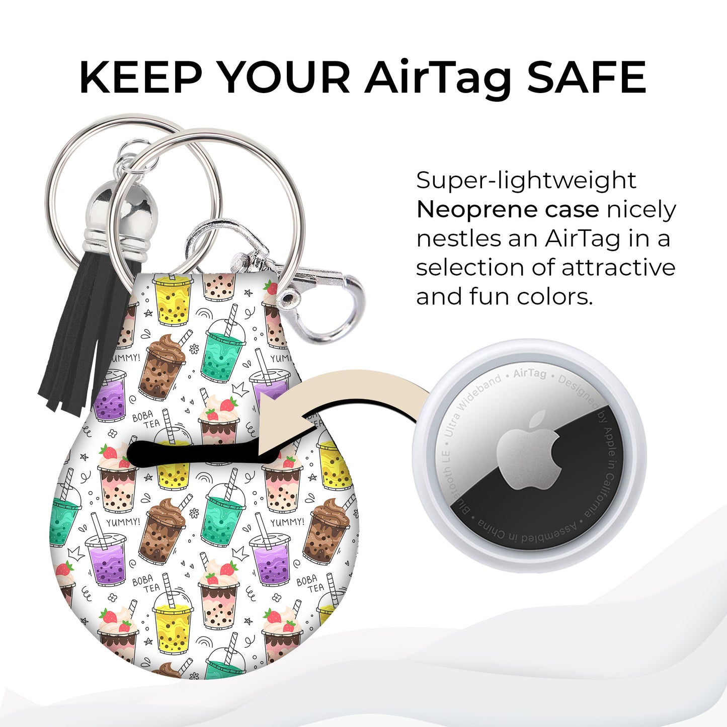 Jolitee Neoprene AirTag Compatible Case Keychain – Durable & Stylish Holder with Secure Ring and Clip, Compatible with Apple AirTag (Bubble Tea)