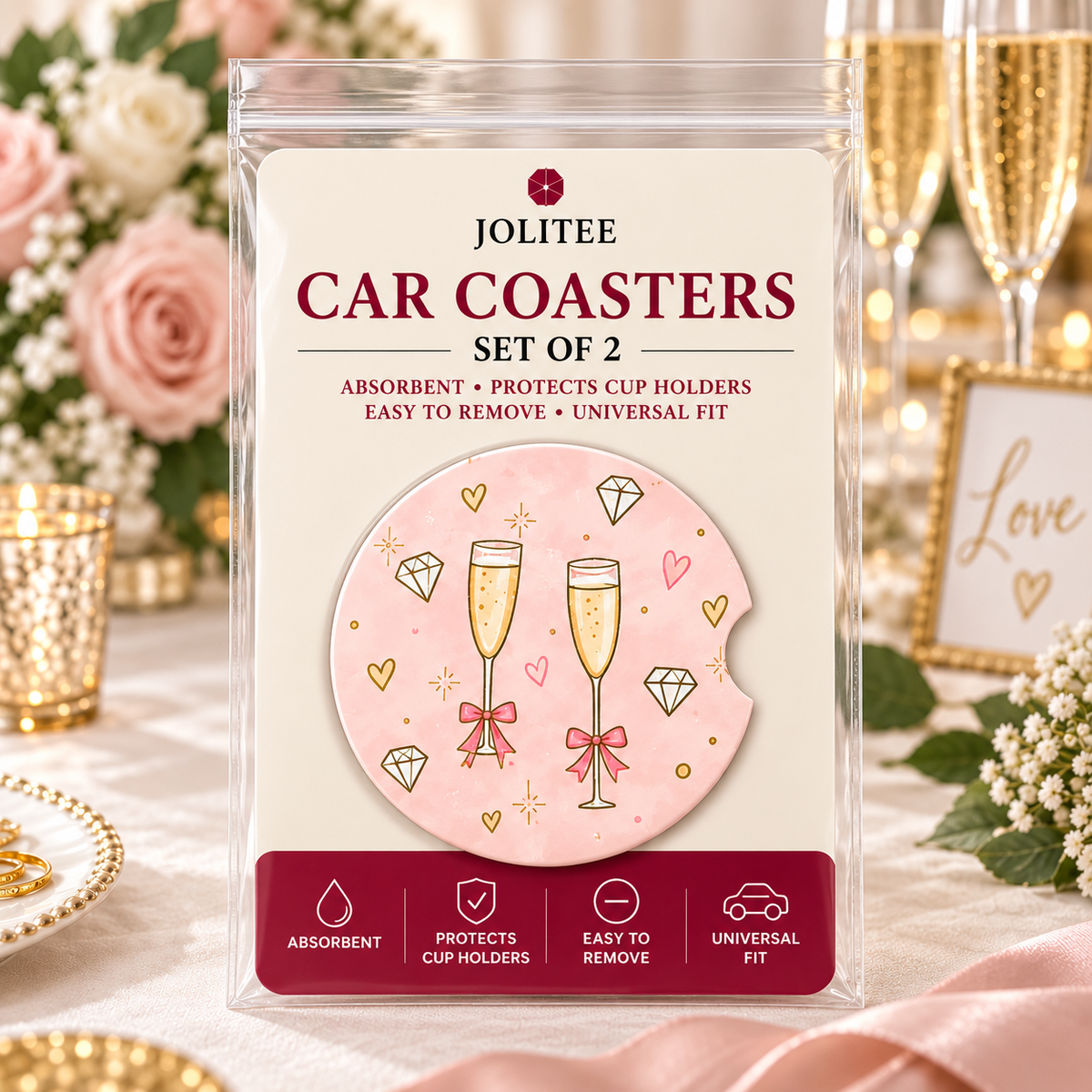 Jolitee Wedding Car Coasters, Absorbent Neoprene Cup Holder