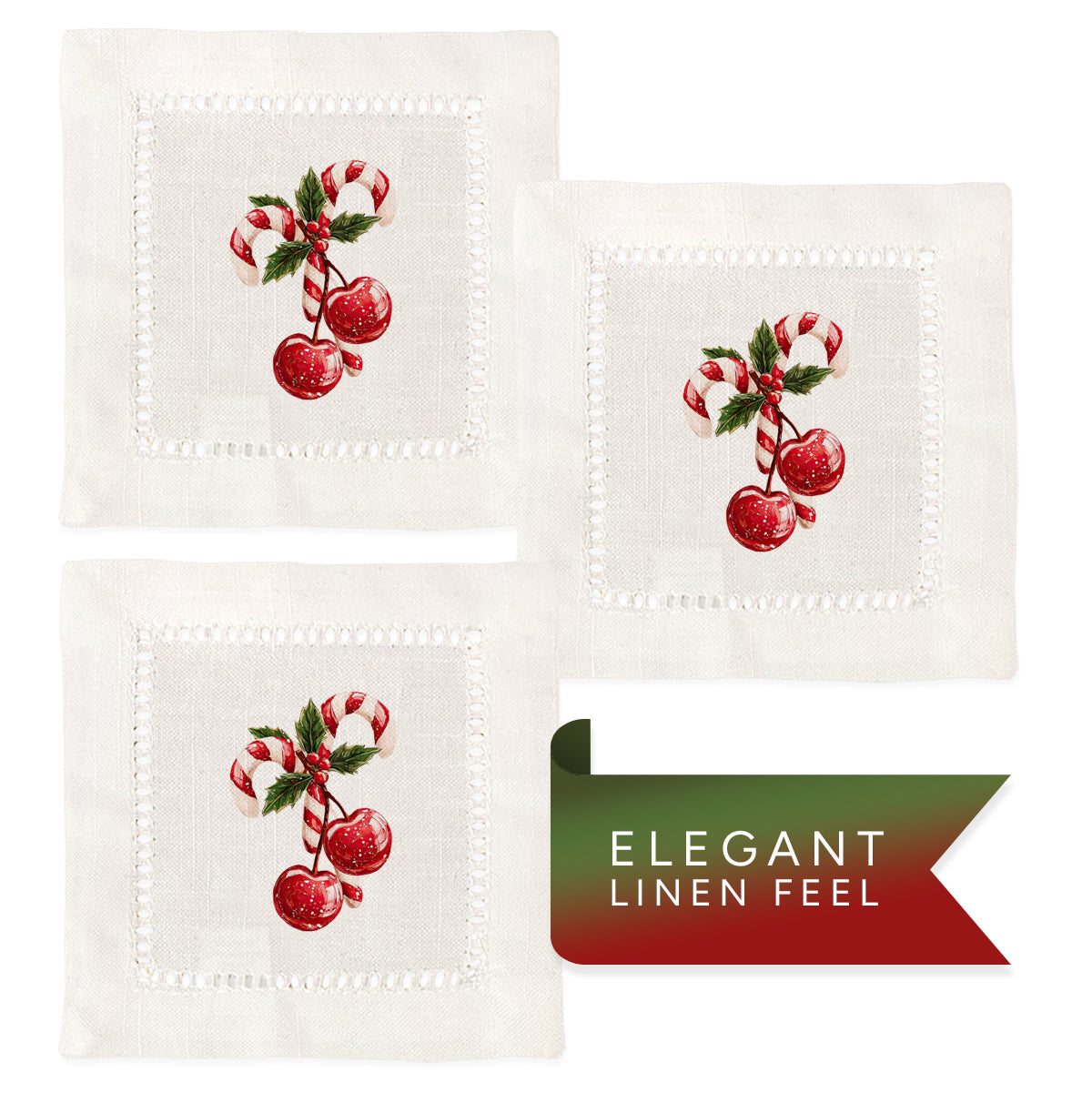 Cherry Candy Cane Hemstitch Napkins