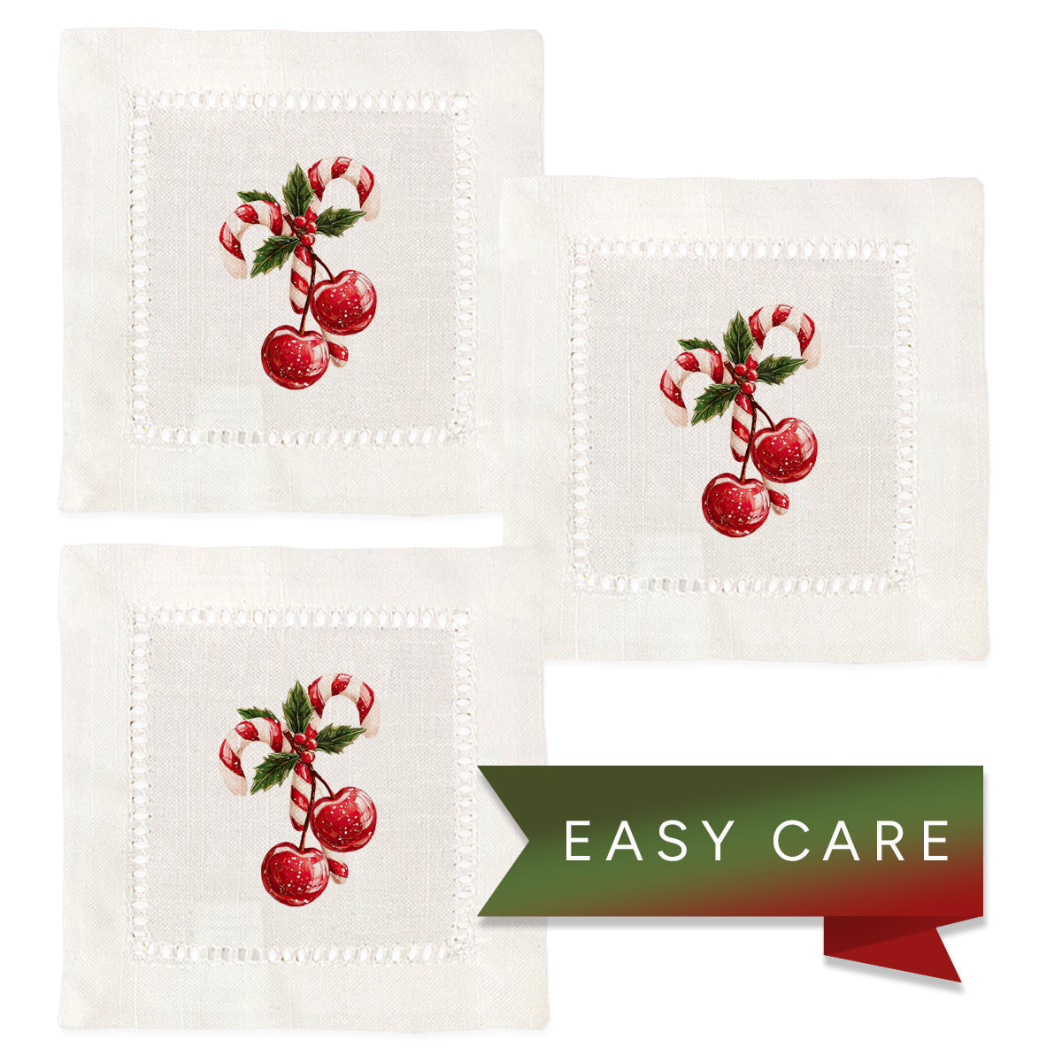 Cherry Candy Cane Hemstitch Napkins
