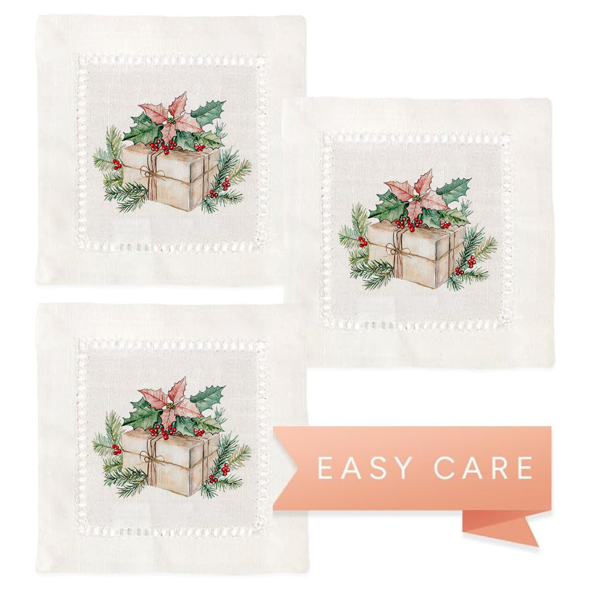 Christmas Gift Box Hemstitch Napkins