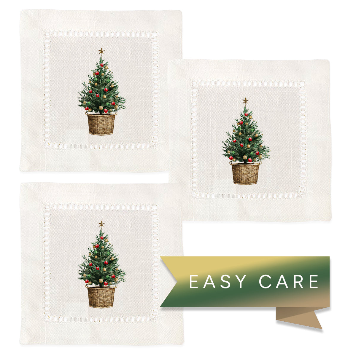 Christmas Tree Pot Hemstitch Napkins