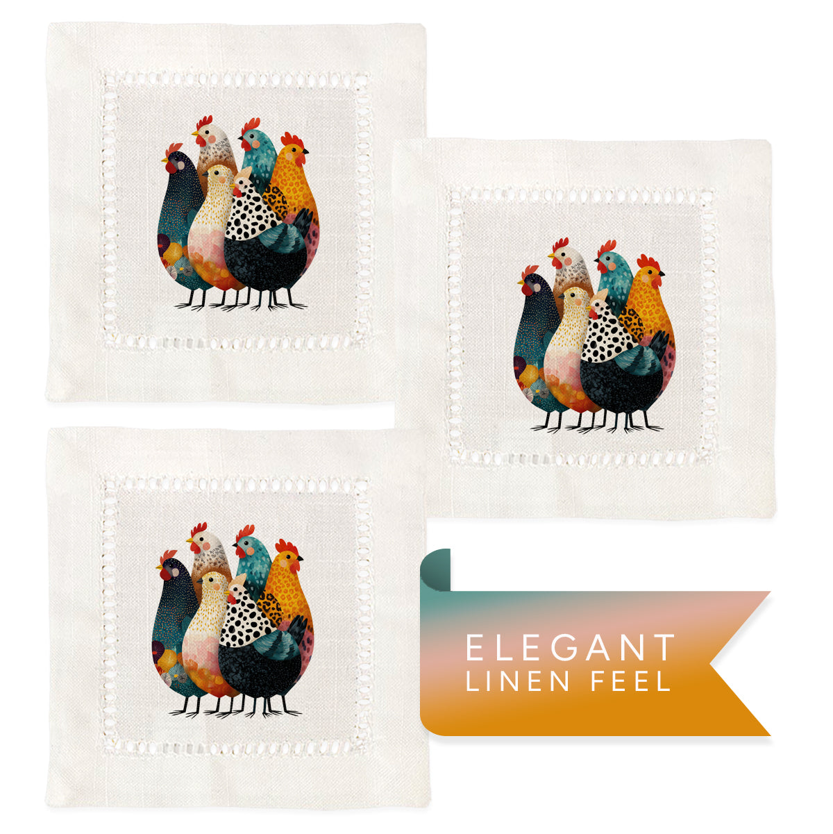 Colorful Chickens Hemstitch Napkins