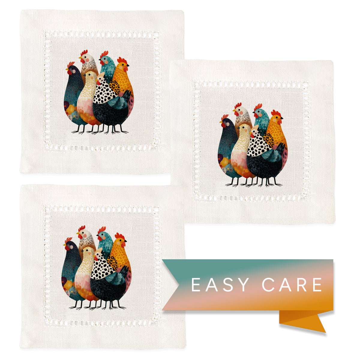 Colorful Chickens Hemstitch Napkins