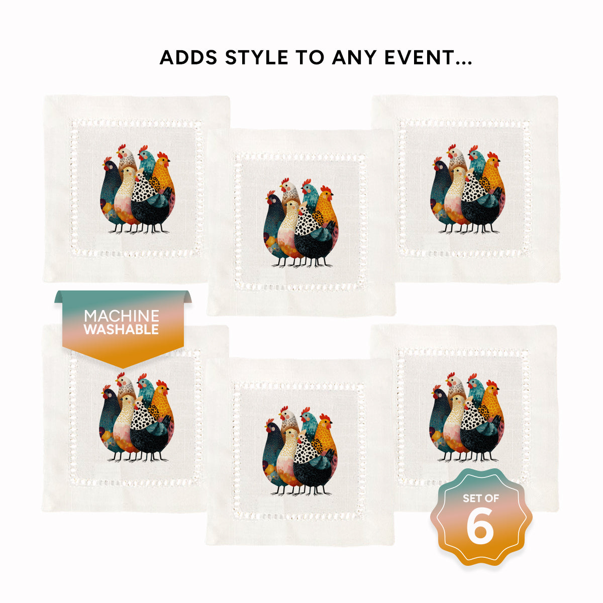 Colorful Chickens Hemstitch Napkins