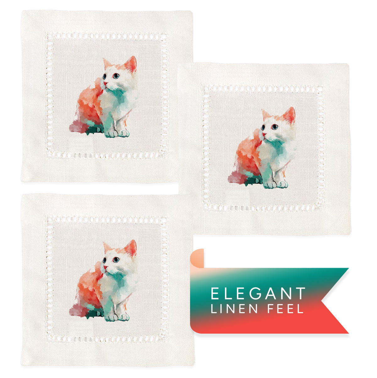 Cute Kitten Hemstitch Napkins