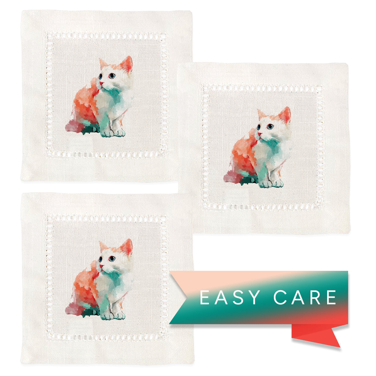 Cute Kitten Hemstitch Napkins