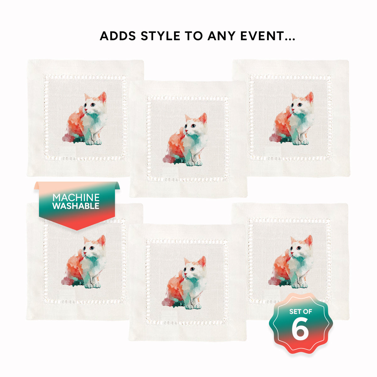 Cute Kitten Hemstitch Napkins