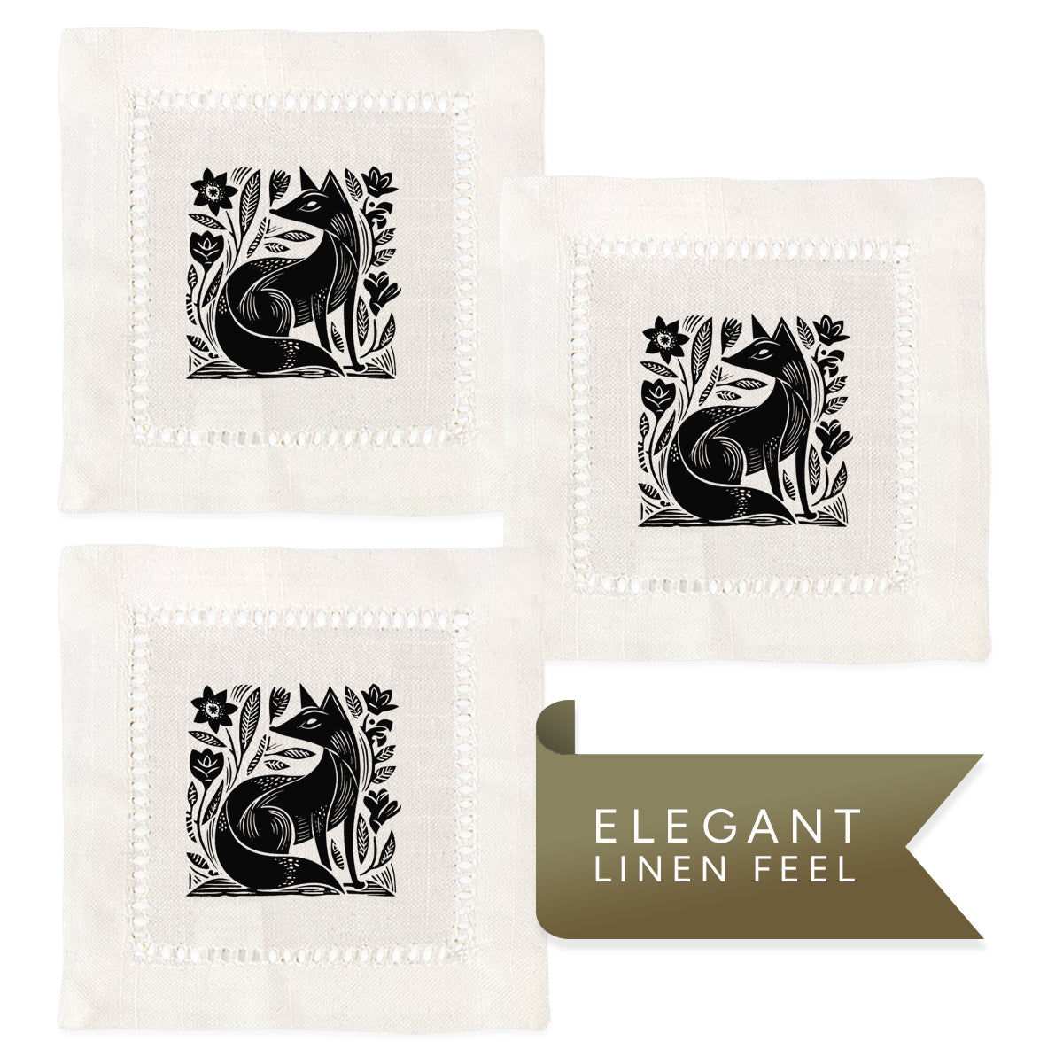Fox Linocut Hemstitch Napkins