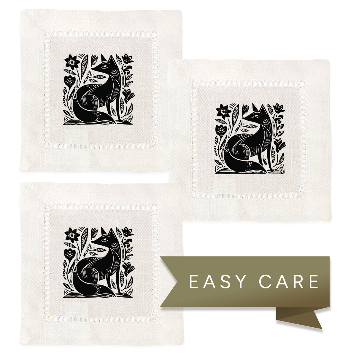 Fox Linocut Hemstitch Napkins