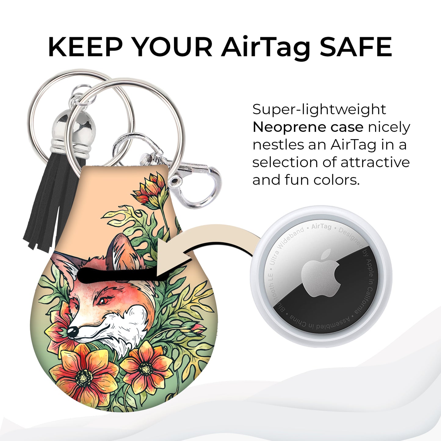 Jolitee Neoprene Compatible with Apple AirTag Case Keychain – Durable & Stylish Holder with Secure Ring and Clip (Fox Floral Art Design)