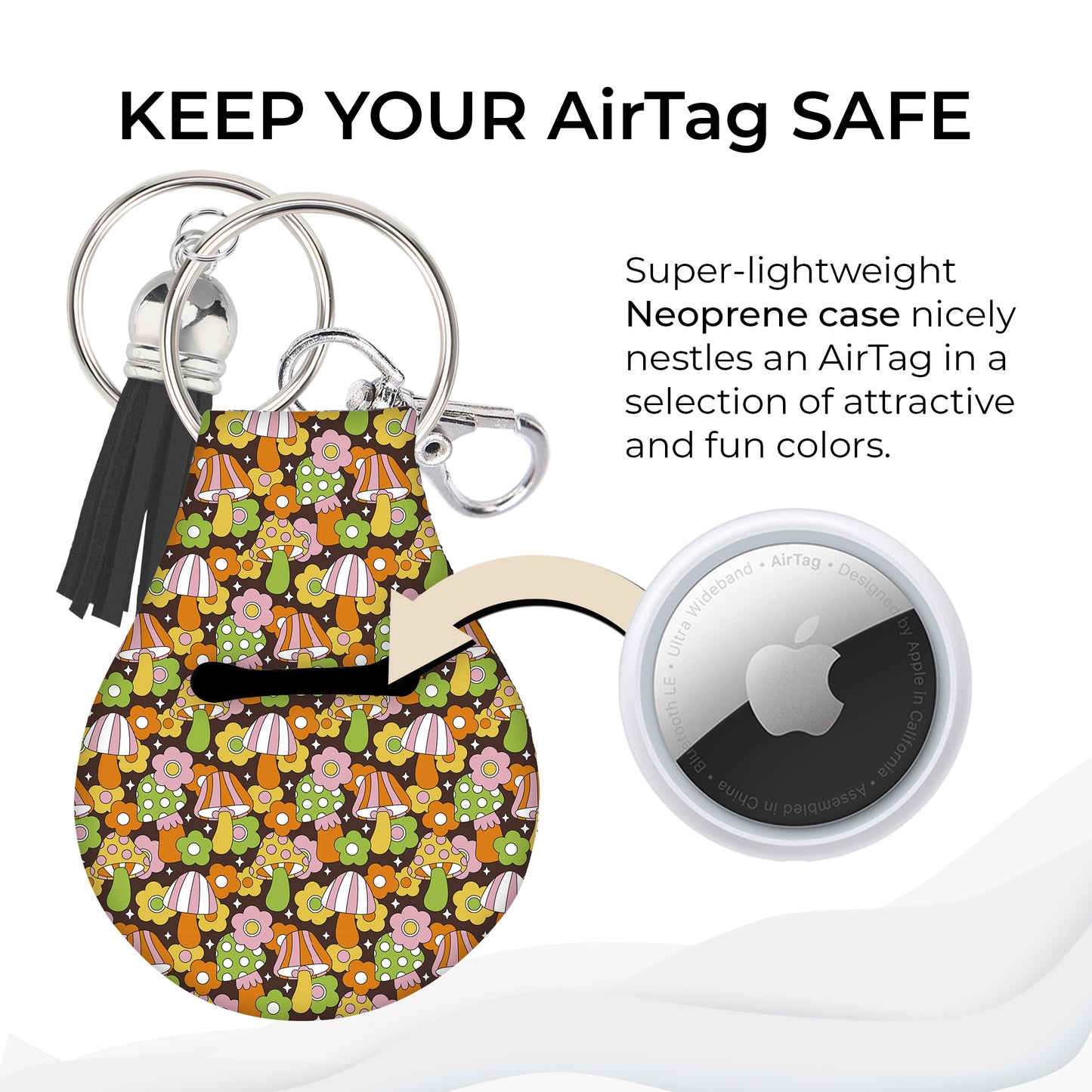 Jolitee Neoprene AirTag Compatible Case Keychain – Durable & Stylish Holder with Secure Ring and Clip, Compatible with Apple AirTag (Mushroom)
