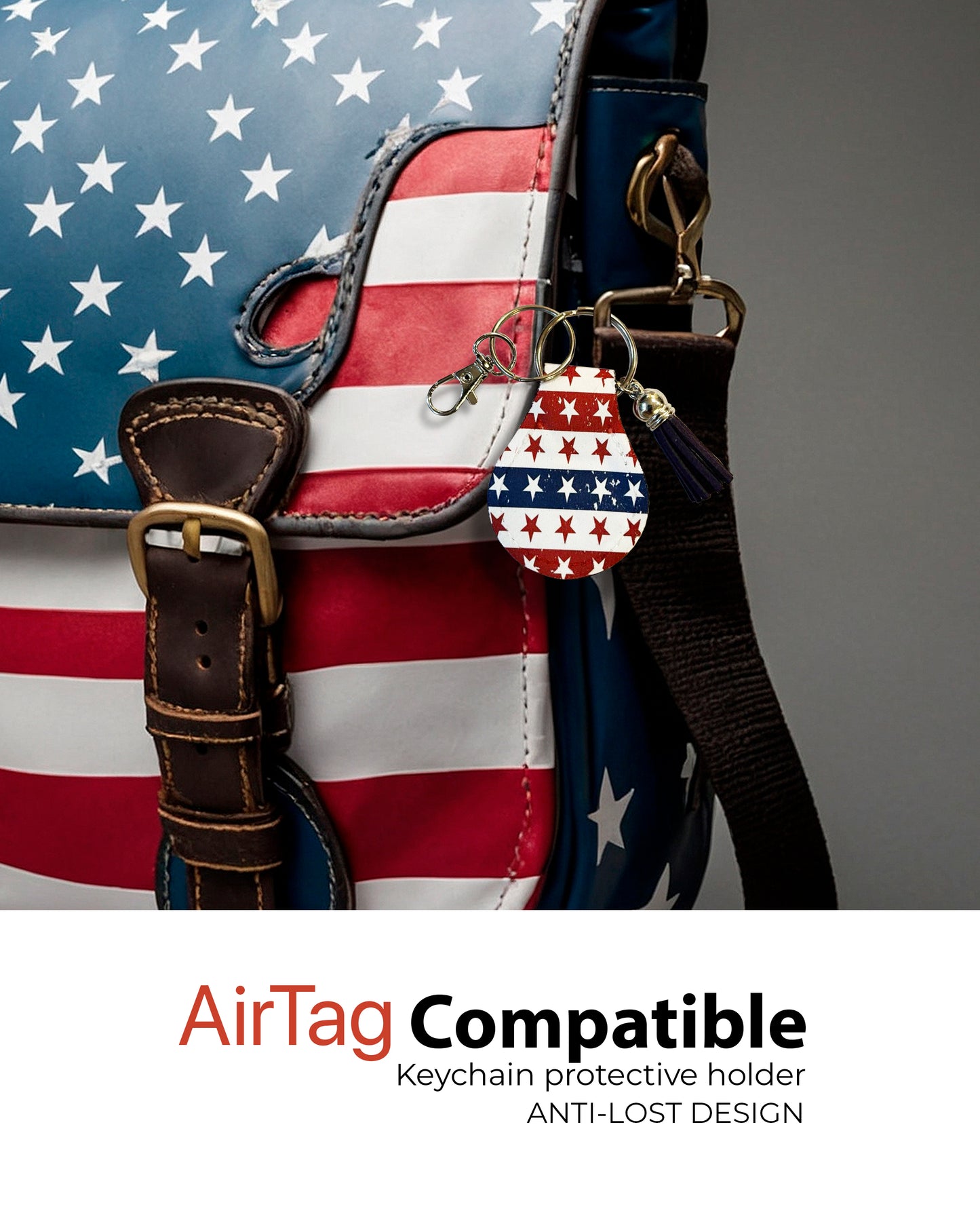 Neoprene AirTag Compatible Case Keychain – Durable & Stylish Holder with Secure Ring and Clip, Compatible with Apple AirTag (Americana Patriotic)