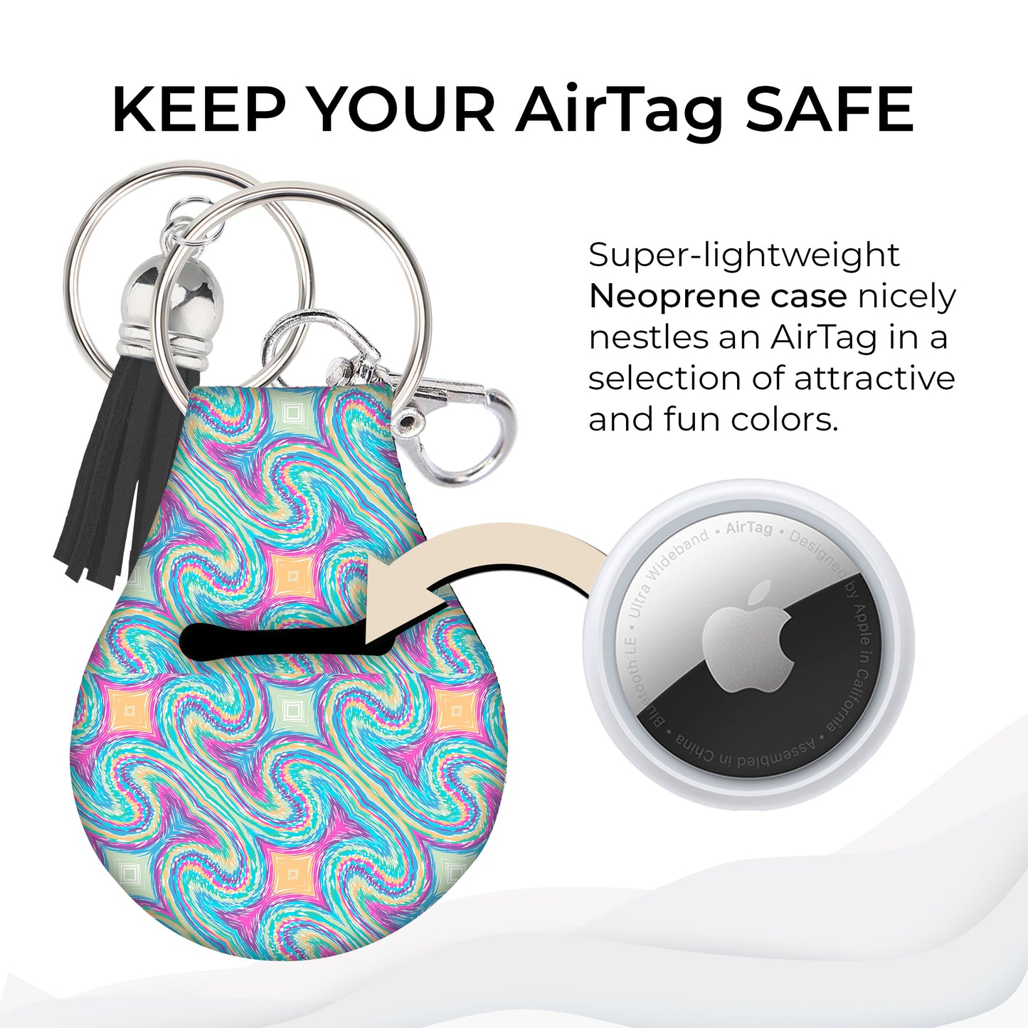 Jolitee Neoprene AirTag Compatible Case Keychain – Durable & Stylish Holder with Secure Ring and Clip, Compatible with Apple AirTag (Oil Spill)