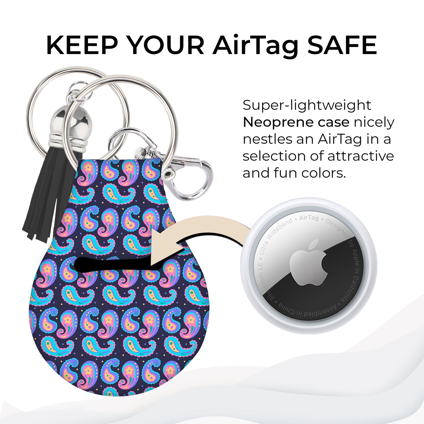 Jolitee Neoprene AirTag Compatible Case Keychain – Durable & Stylish Holder with Secure Ring and Clip, Compatible with Apple AirTag (Paisley)