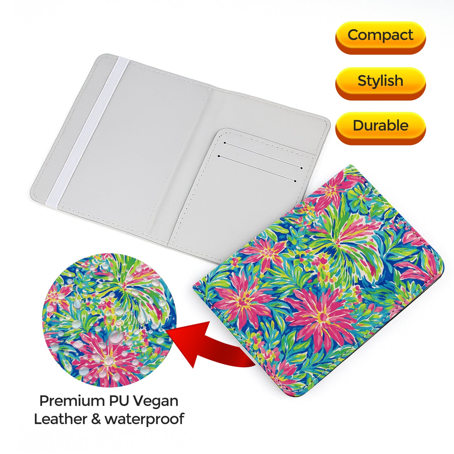 Jolitee Premium PU Vegan Leather Passport Holder, Pink Floral