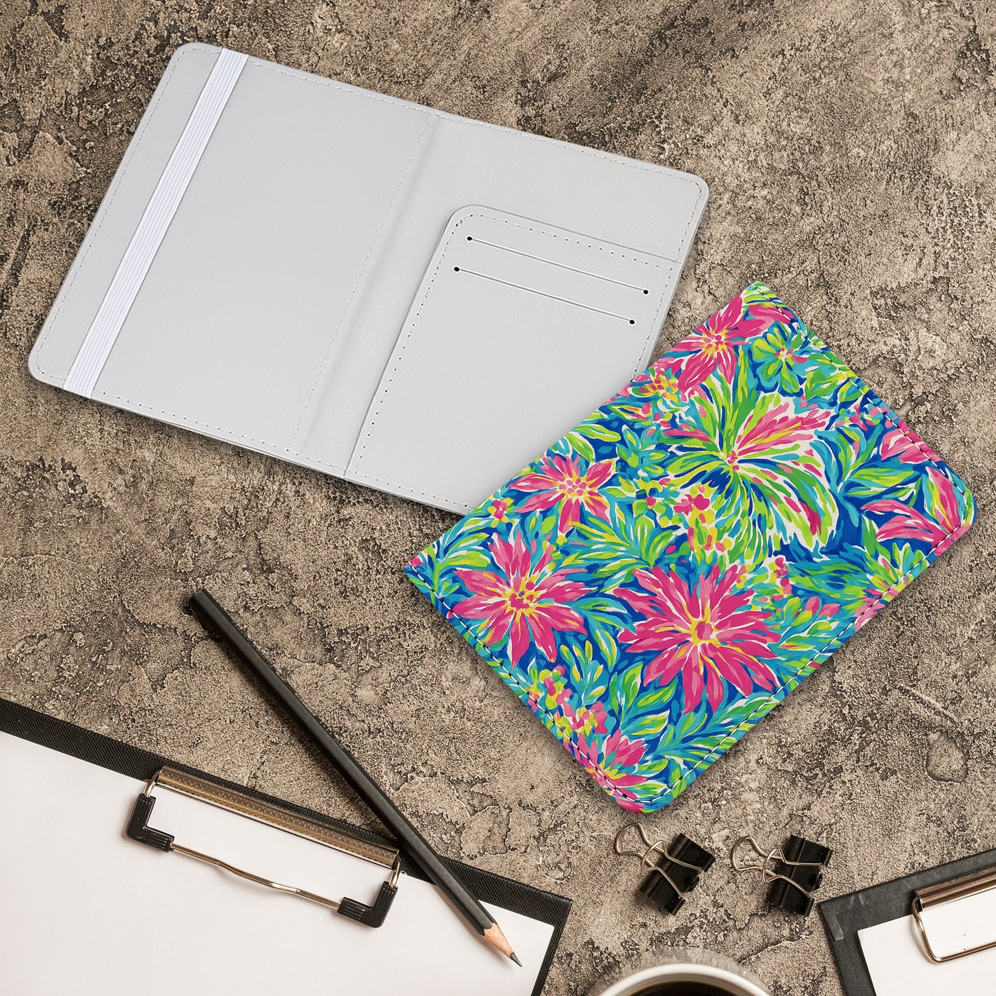 Jolitee Premium PU Vegan Leather Passport Holder, Pink Floral