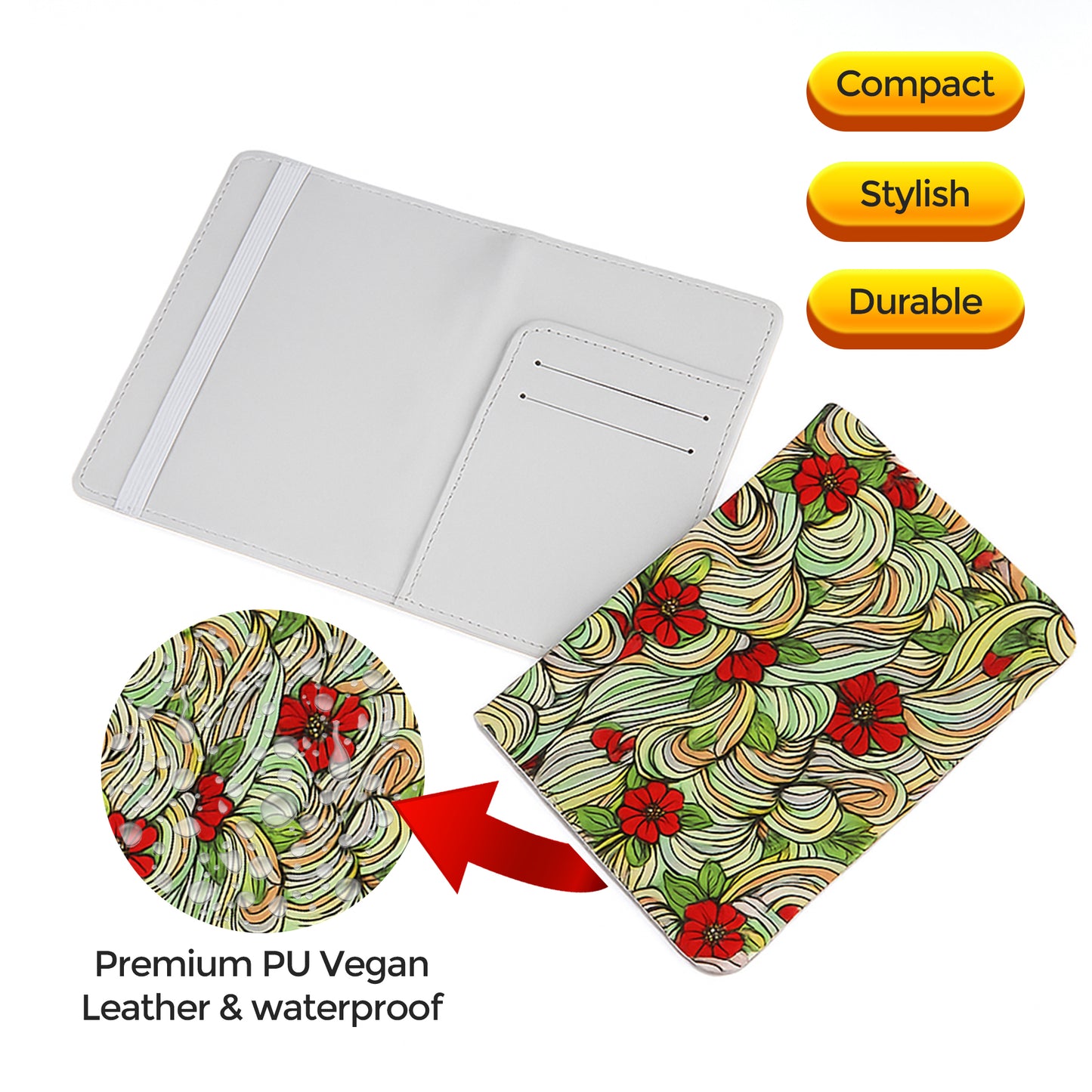 Jolitee Premium PU Vegan Leather Passport Holder, Red Daisy