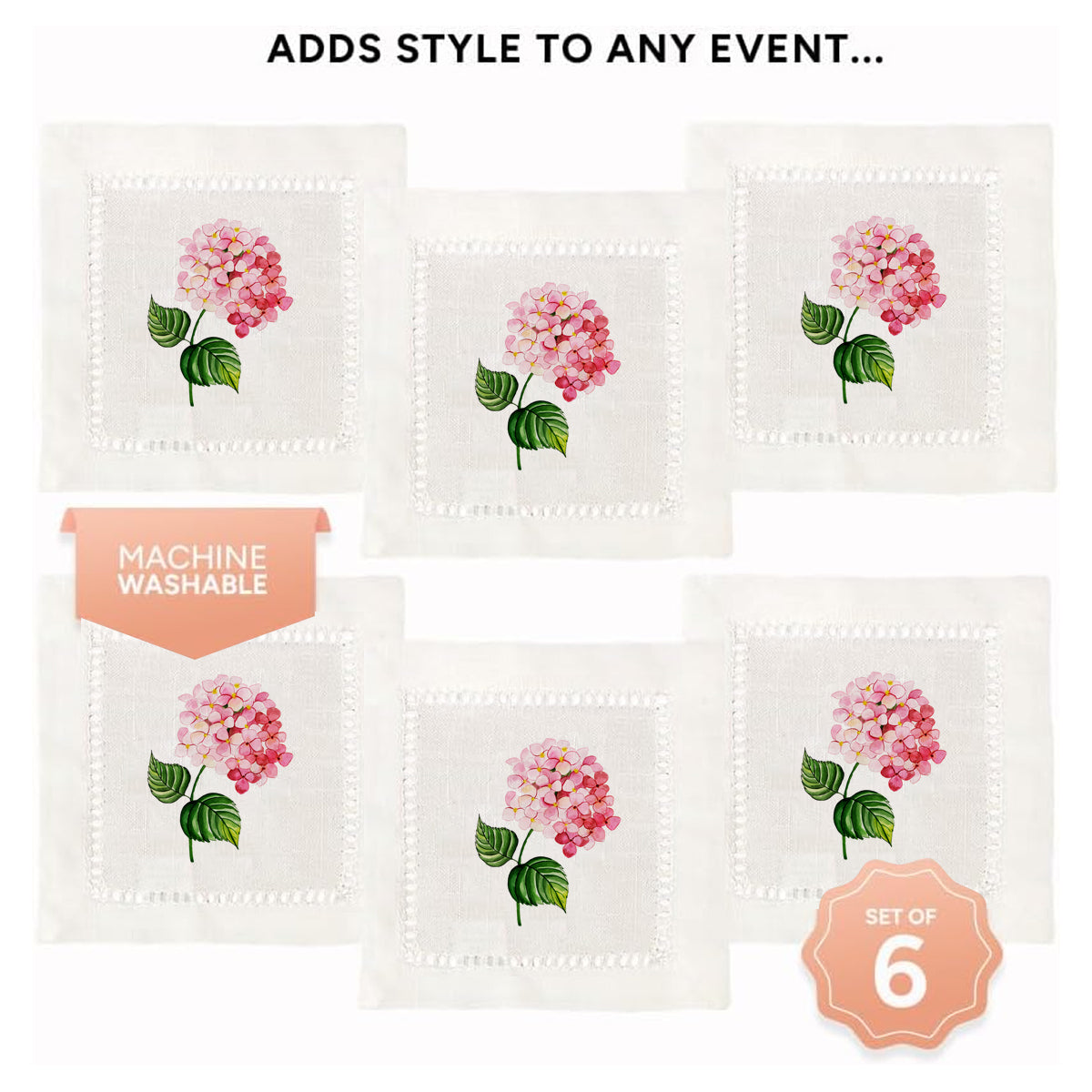 Pink Hydrangea Hemstitch Napkins