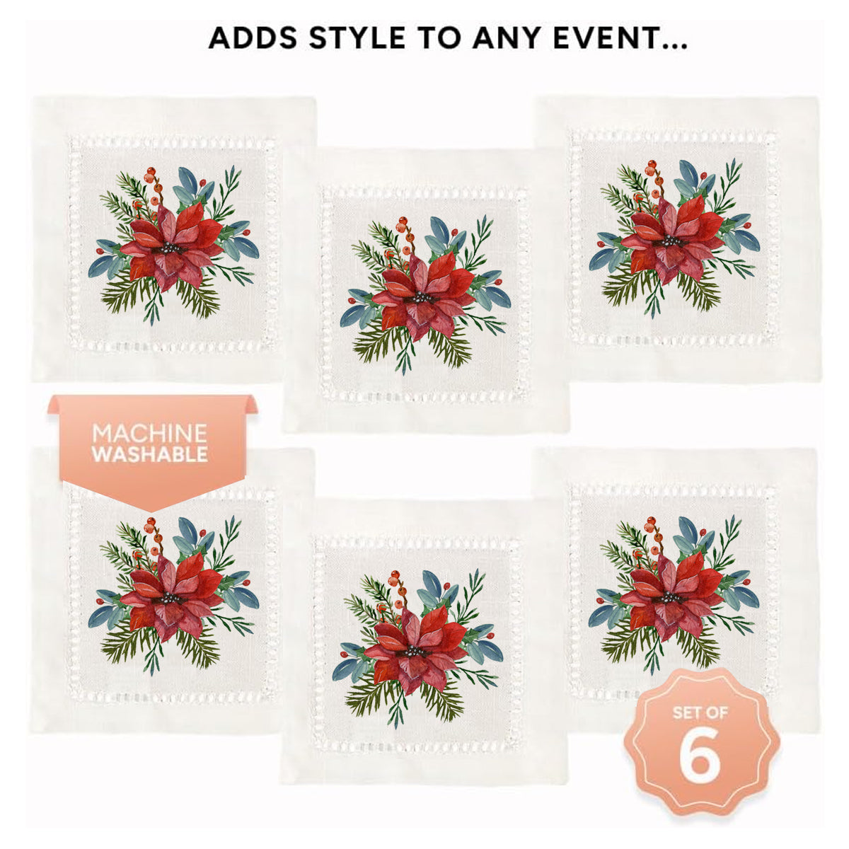 Poinsettia Hemstitch Napkins