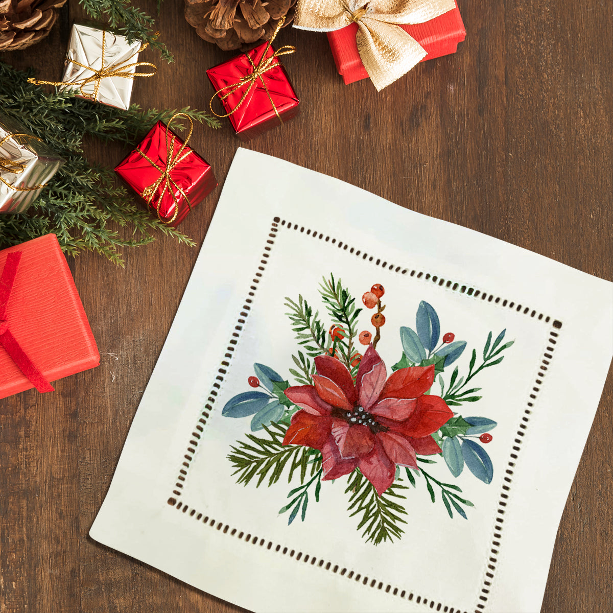 Poinsettia Hemstitch Napkins