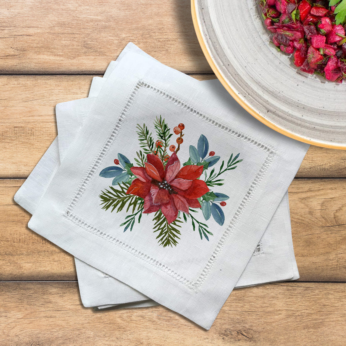 Poinsettia Hemstitch Napkins