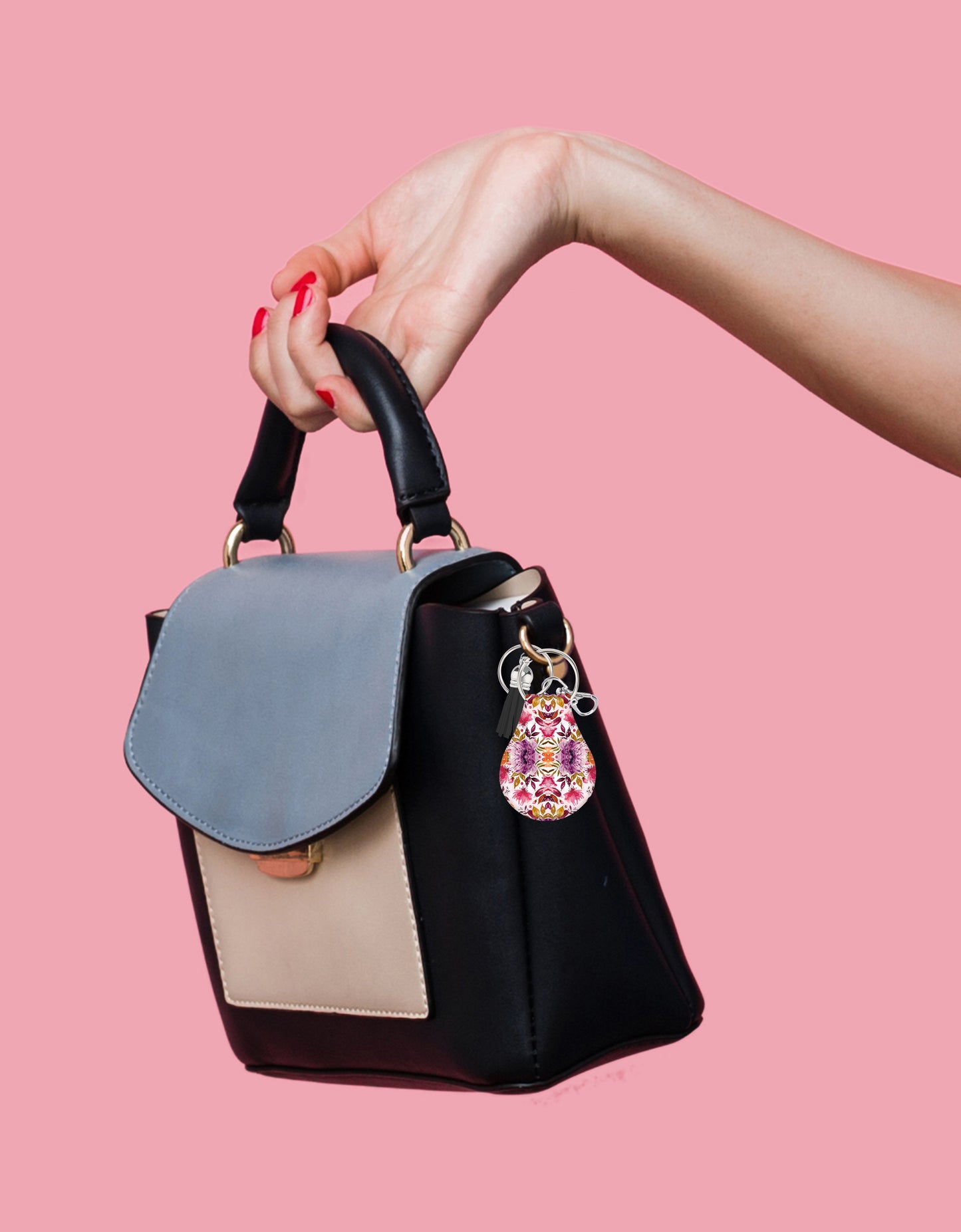 Jolitee Neoprene AirTag Compatible Case Keychain – Durable & Stylish Holder with Secure Ring and Clip, Compatible with Apple AirTag (Purple Red Flower)