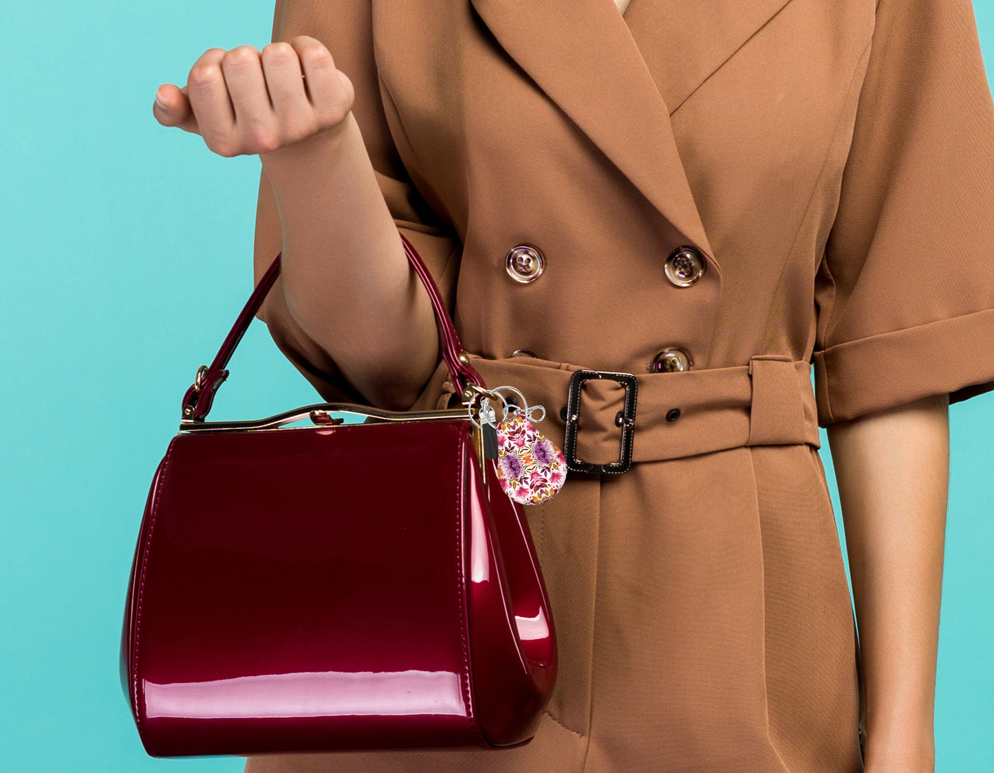 Jolitee Neoprene AirTag Compatible Case Keychain – Durable & Stylish Holder with Secure Ring and Clip, Compatible with Apple AirTag (Purple Red Flower)