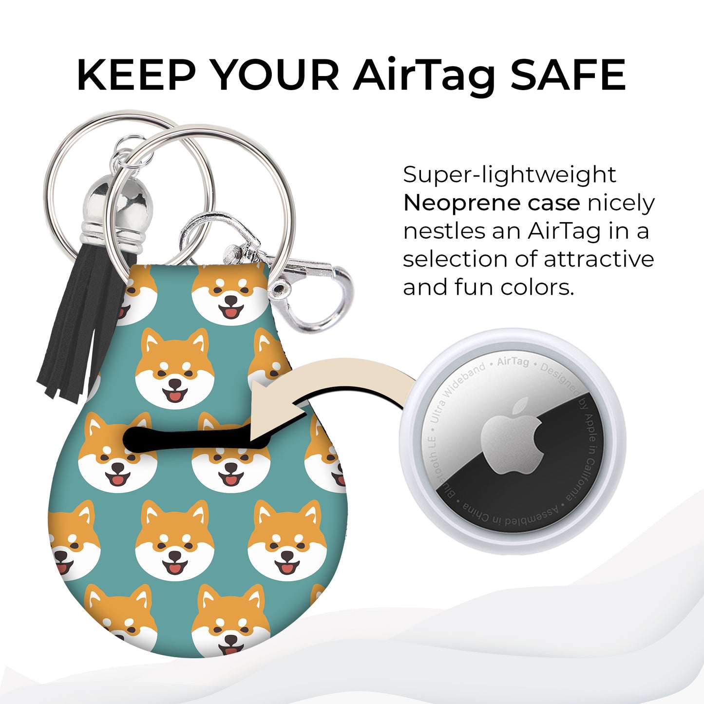 Jolitee Neoprene AirTag Compatible Case Keychain – Durable & Stylish Holder with Secure Ring and Clip, Compatible with Apple AirTag (Shiba Inu)