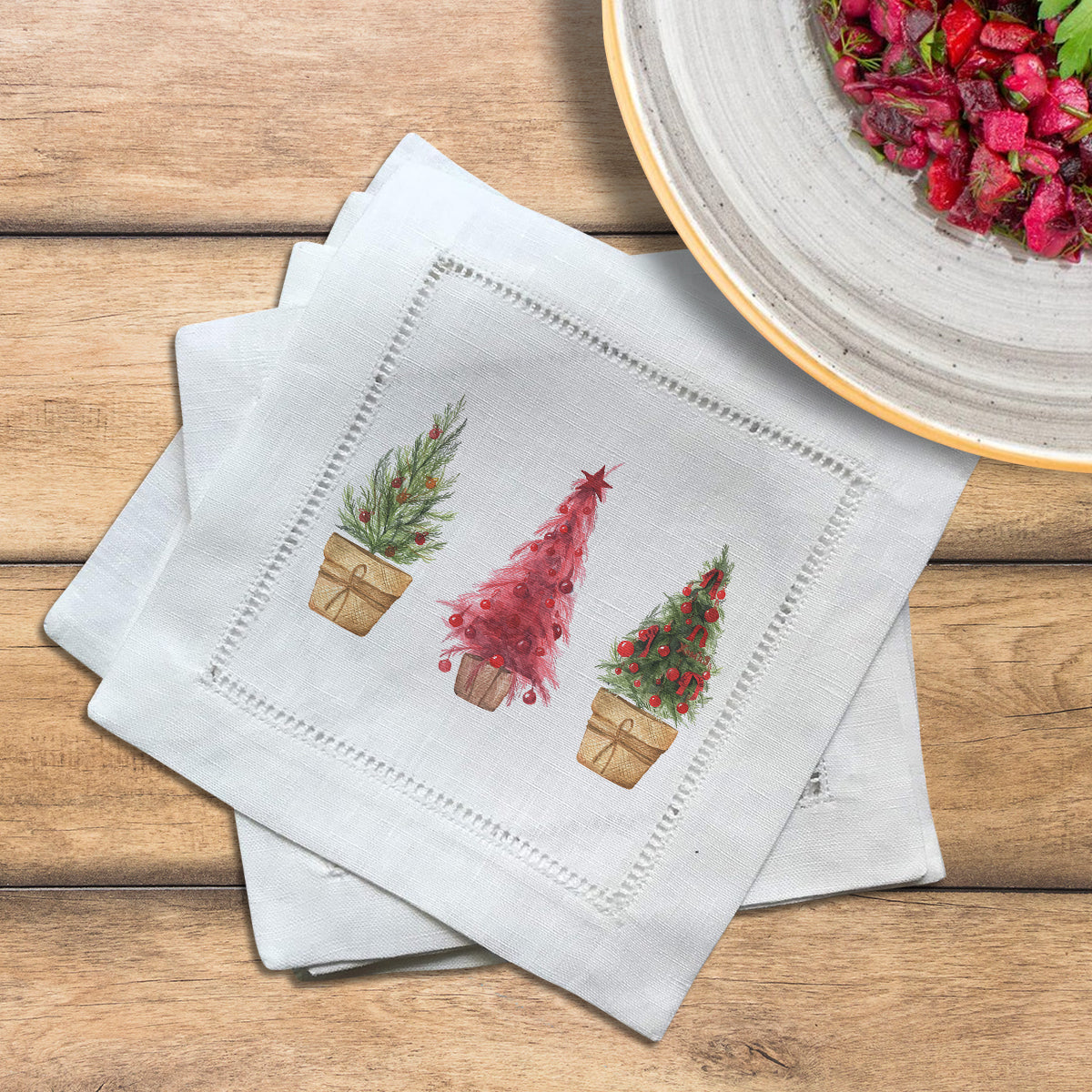 Triple Christmas Trees Hemstitch Napkins