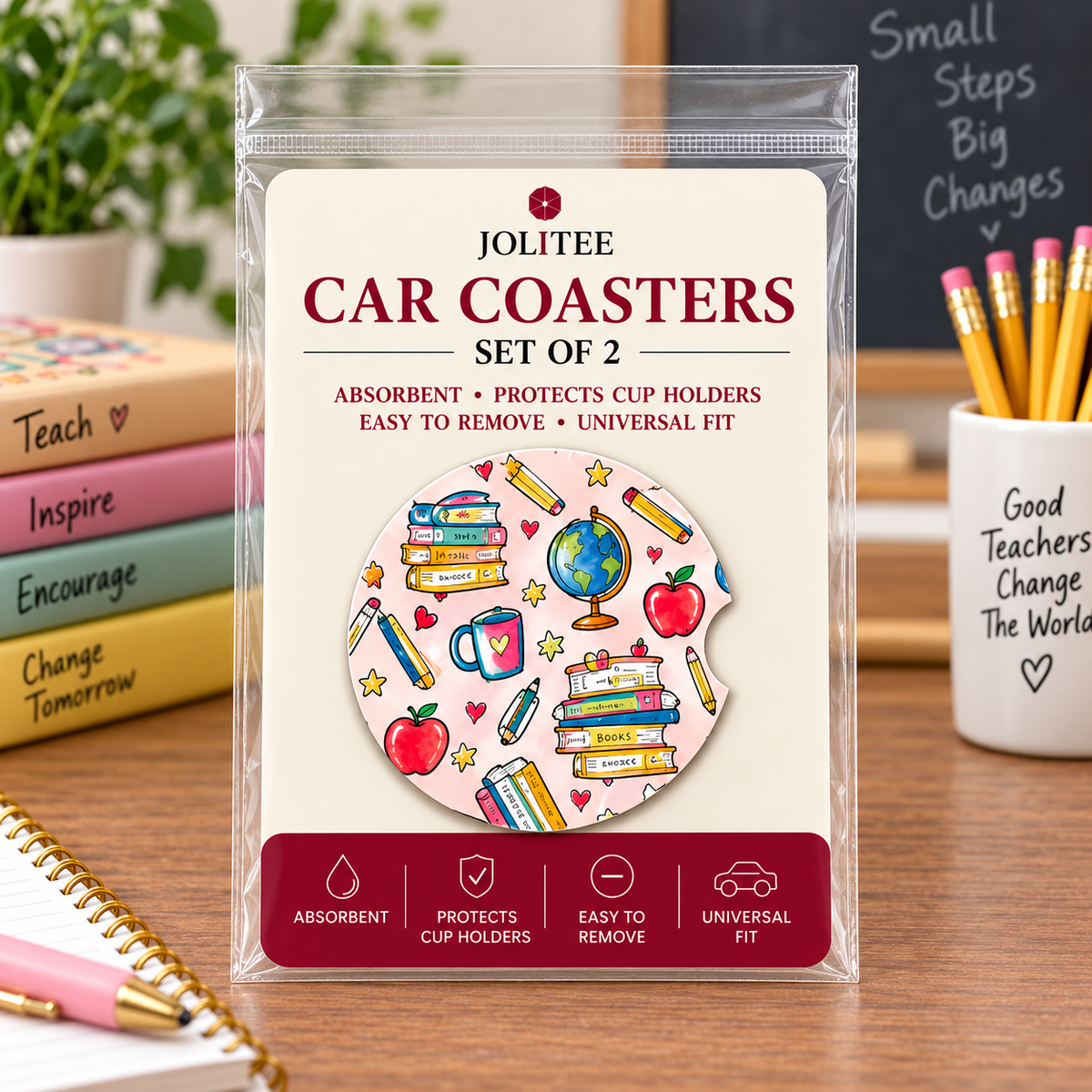 Jolitee Teacher Car Coasters, Absorbent Neoprene Cup Holder