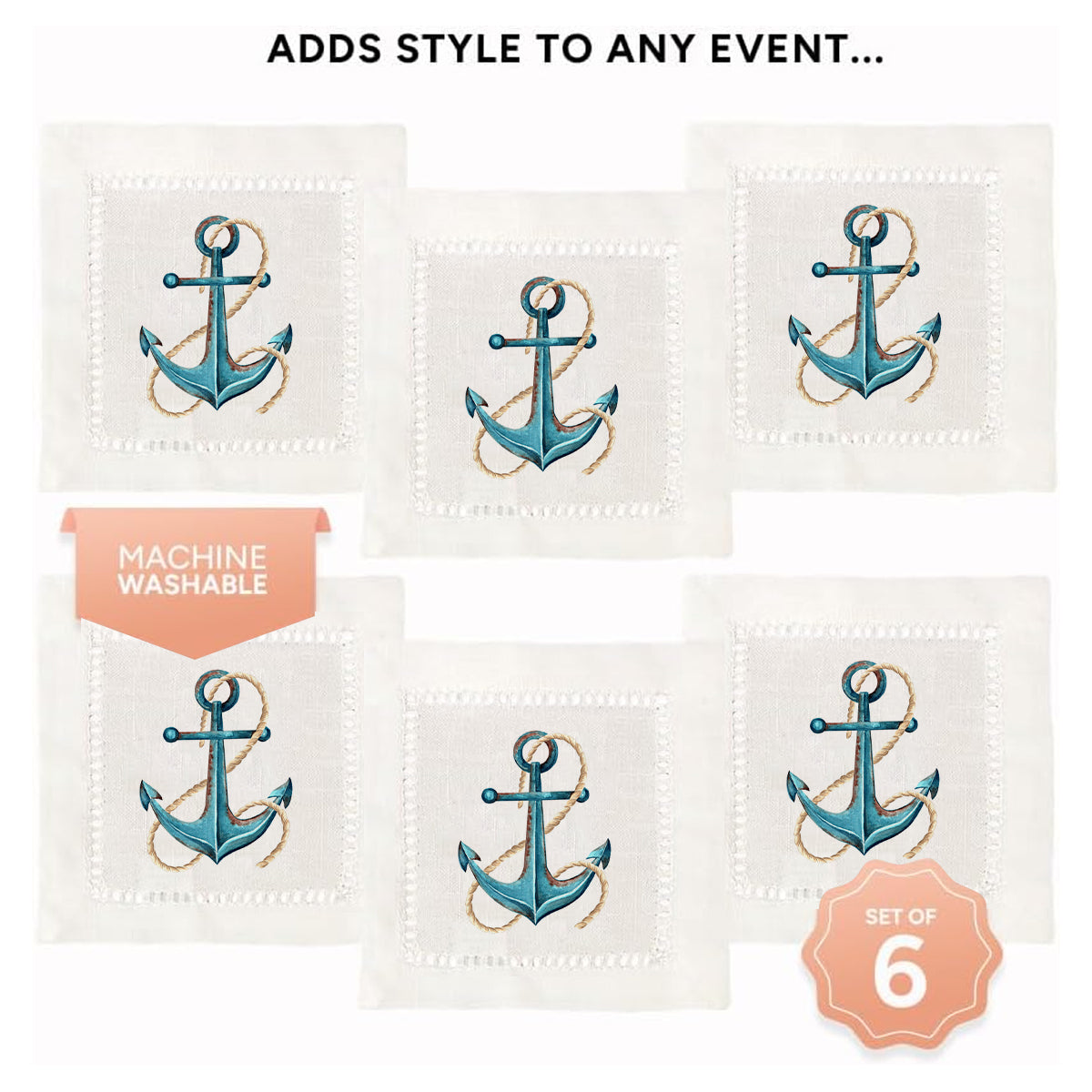 Watercolor Anchor Hemstitch Napkins