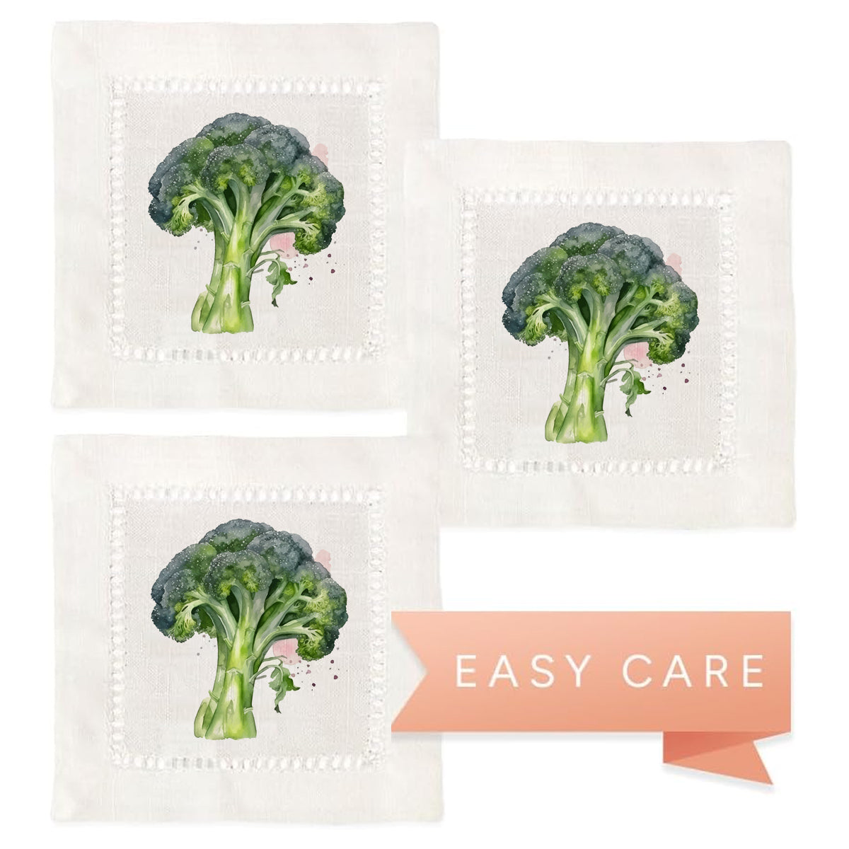 Watercolor Brocolli Hemstitch Napkins