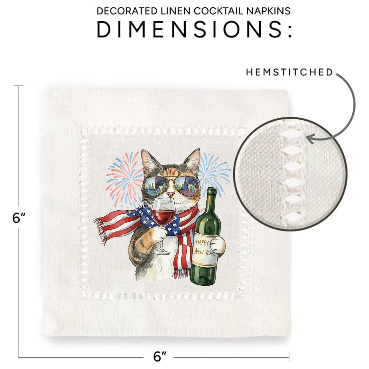 Watercolor Fireworks Cat Hemstitch Napkins