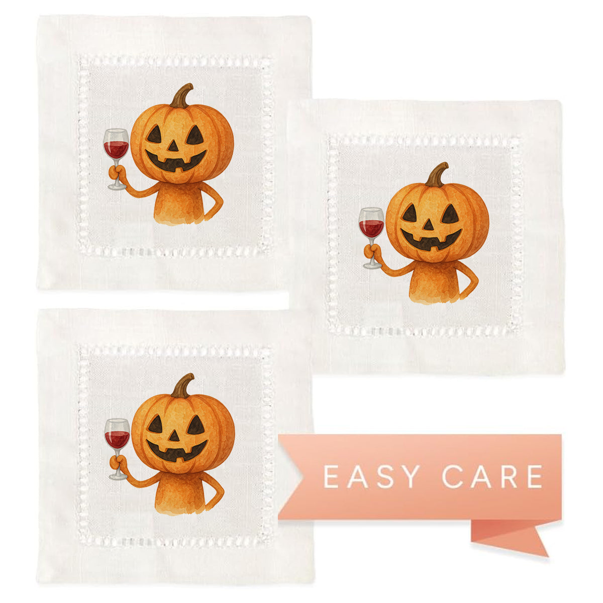 Watercolor Jack o Lantern Hemstitch Napkins