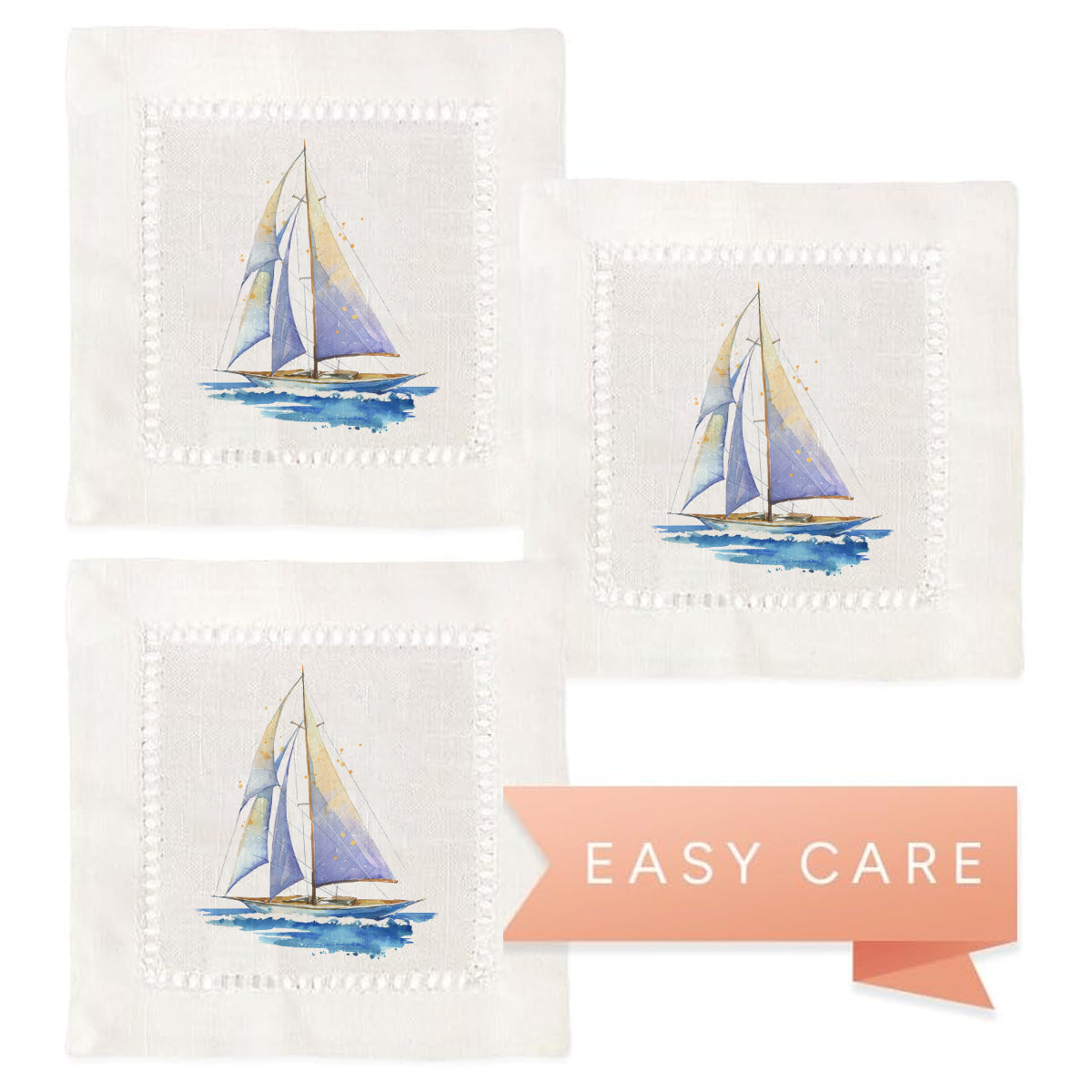 Watercolor Sailboat Hemstitch Napkins