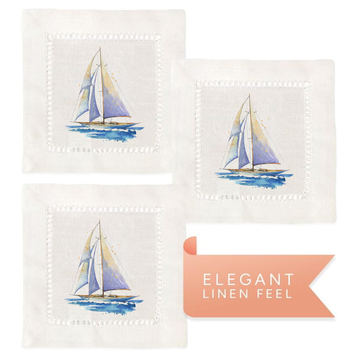 Watercolor Sailboat Hemstitch Napkins